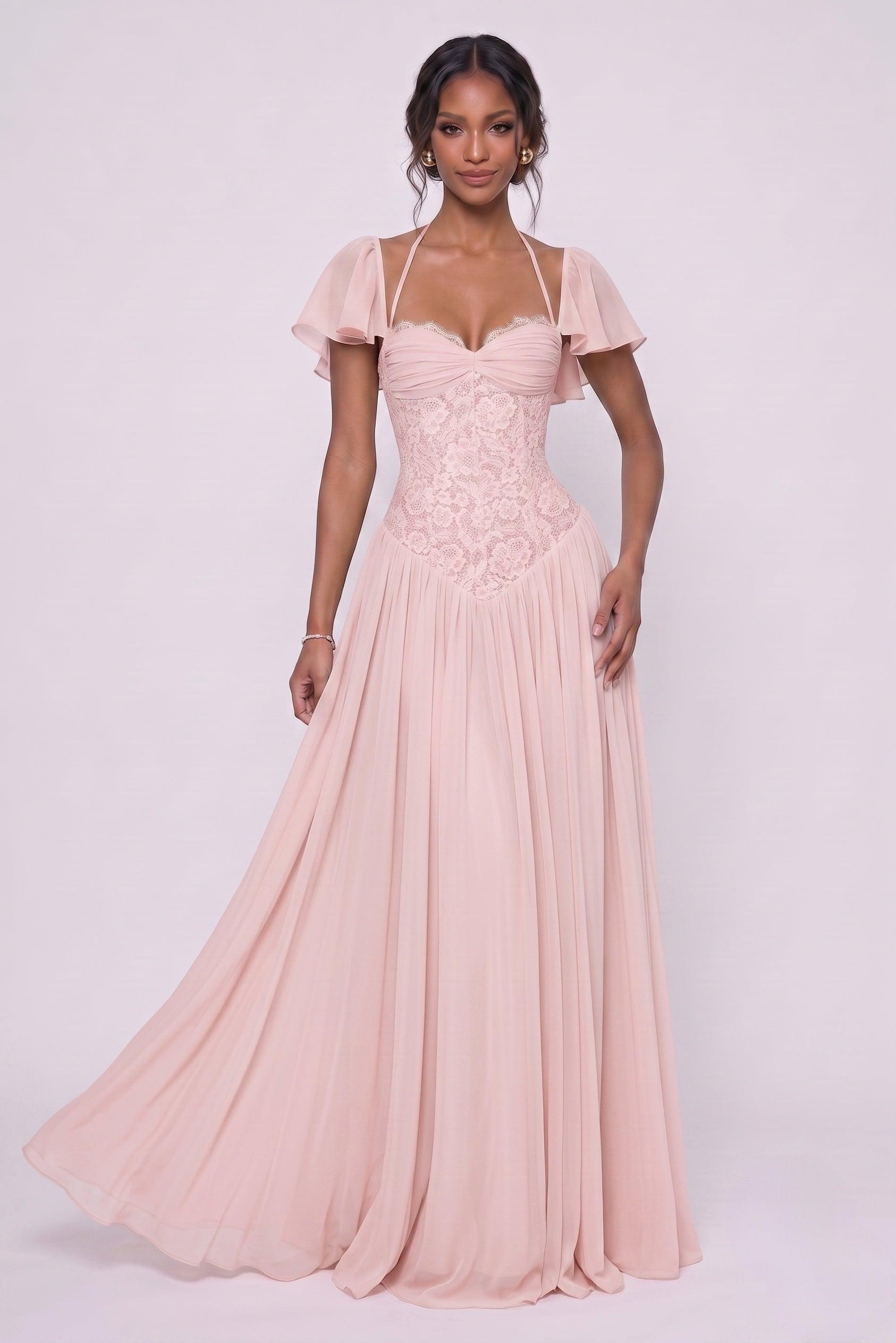 A-Line Floor-length Chiffon Lace Bridesmaid Dress CG0347BM - Soft Blush - COCOMELODY
